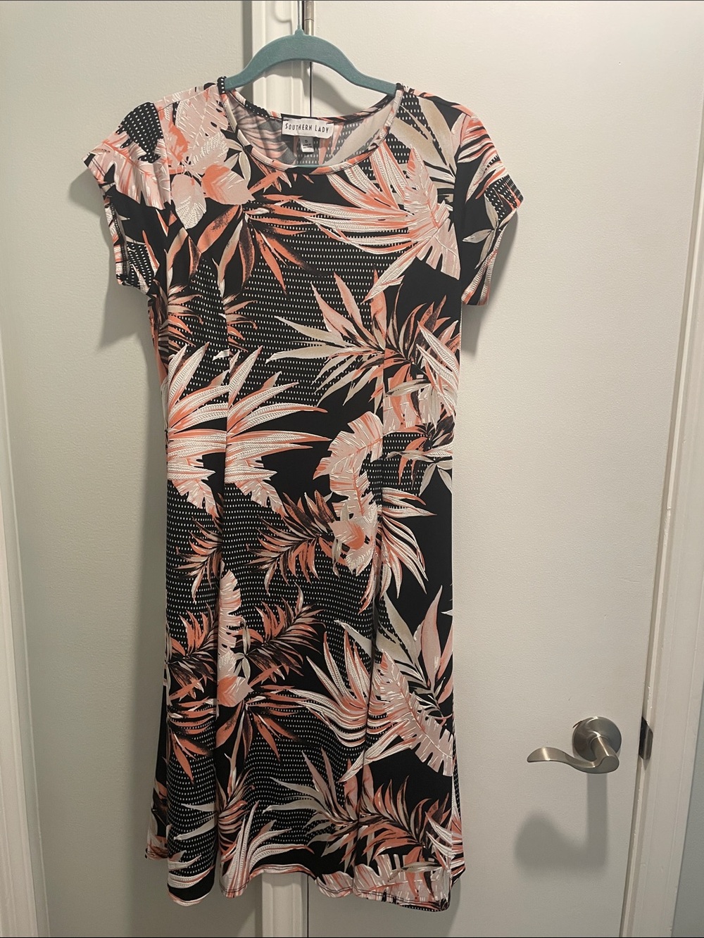 Southern Lady Black Dress with Peach and Cream Tropical Print